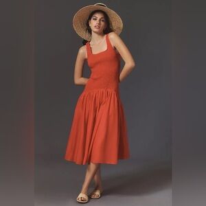 Hutch Linen Dress Womens S Sleeveless Smocked Drop-Waist Midi Anthropologie NWT